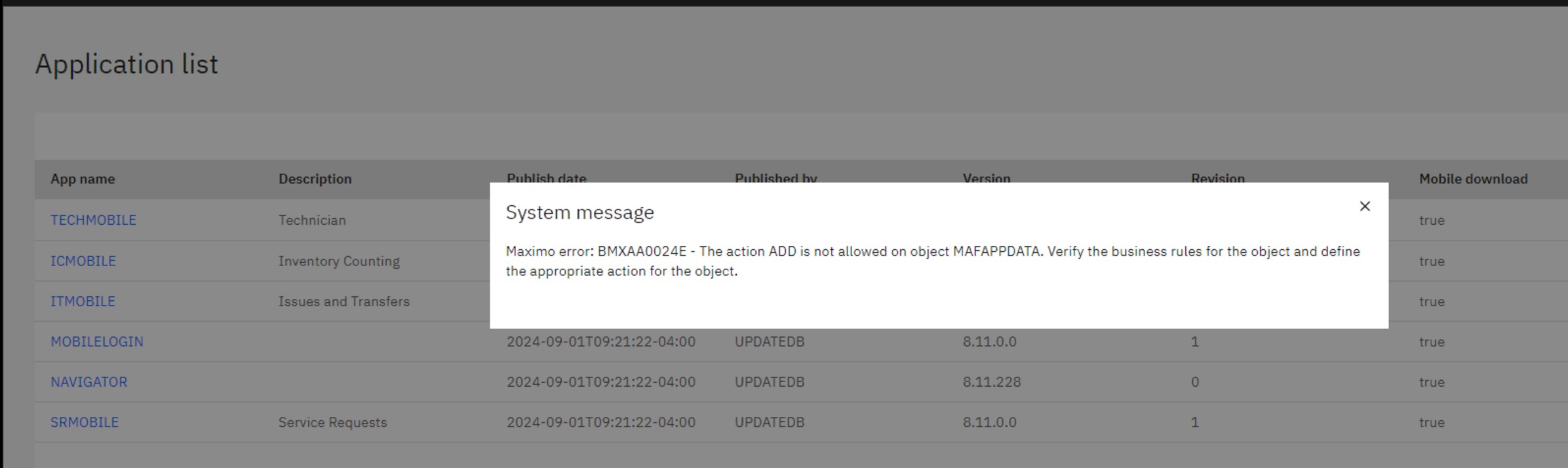 BMXAA0024E – The action ADD is not allowed on object MAFAPPDATA
